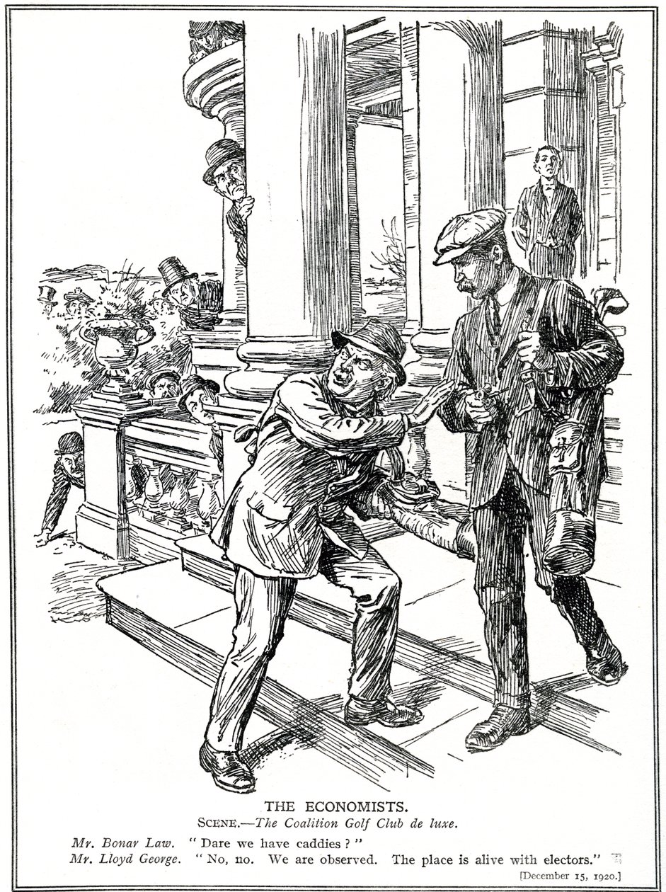 Lloyd George og Bonar Law ved Coalition Golf Club, redde for Anti-Waste-ligaen, må gi avkall på luksusen med caddies. desember 1920 av English School