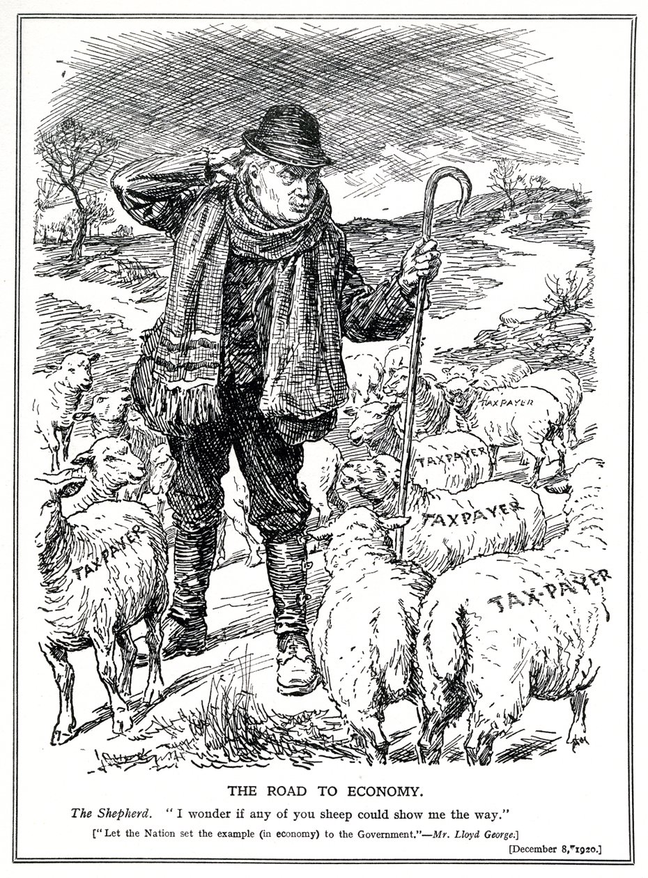 Lloyd George som gjeteren i Storbritannia ber skattebetalerne (sauene) om å lede utvinningen av økonomien, desember 1920 av English School