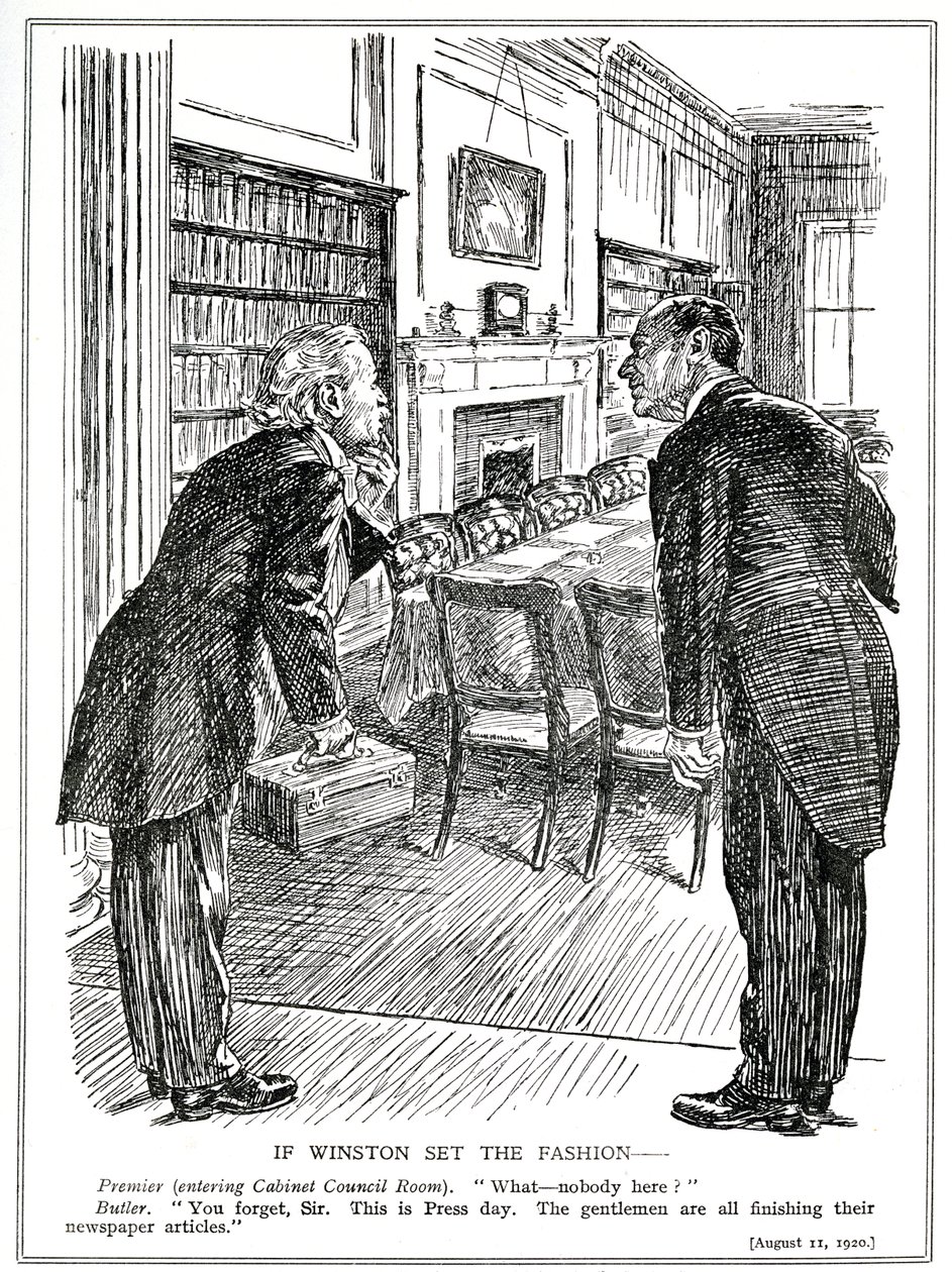 Lloyd George går inn i et kabinettsrom tom for ministre som er opptatt med å skrive artikler for avisene, august 1920 av English School
