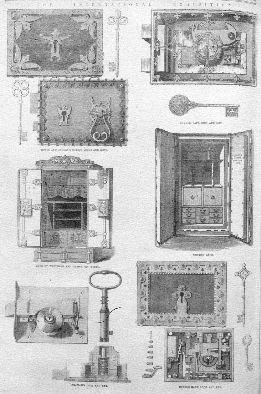 Låser og safer utstilt på den store utstillingen i 1862, illustrasjon fra The Illustrated London News, 15. november 1862 av English School
