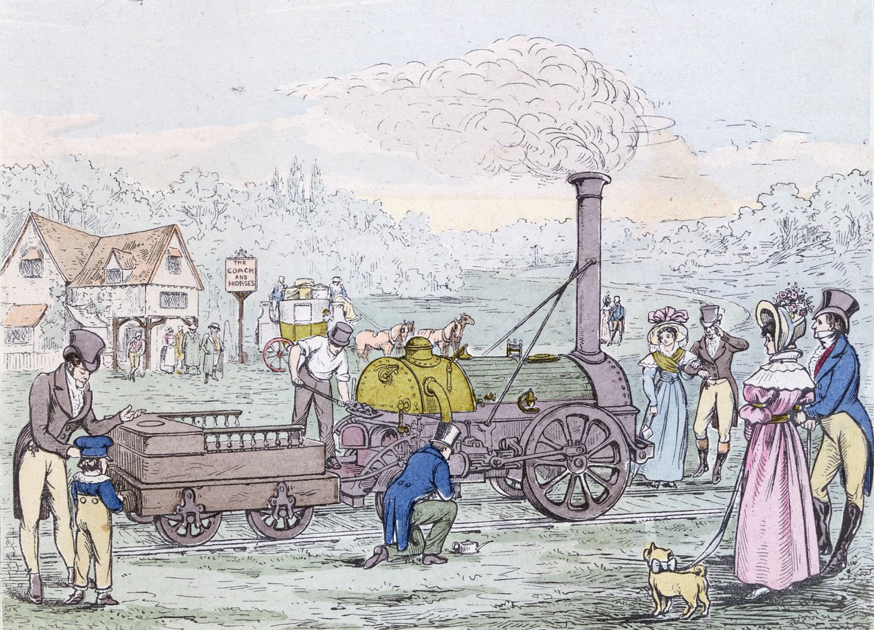 Lokomotivmotor, raketten i 1830, bygget av George Stephenson (1781-1848) (akvatint) av English School