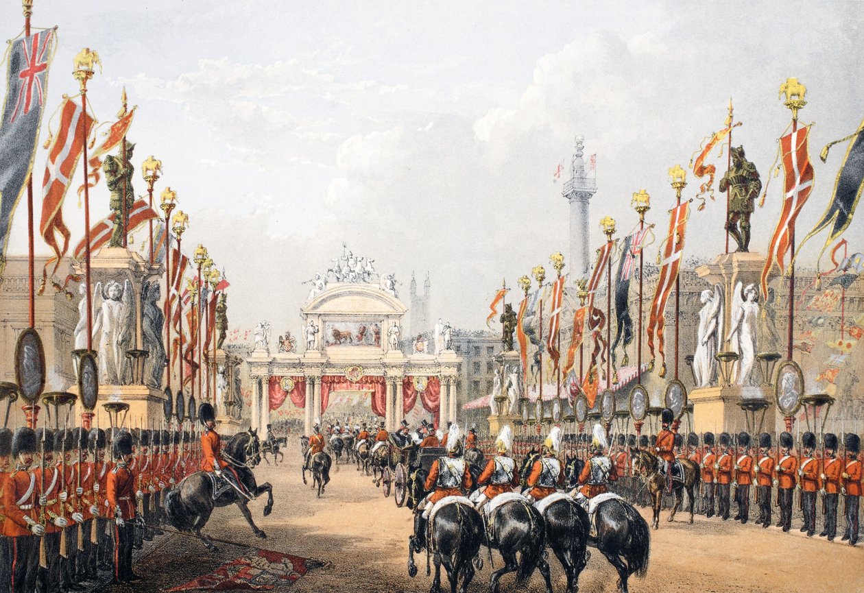 London Bridge, holdt av Honorable Artillery Company of London, fra A Memorial of the Marriage of Edward VII and Alexandra of Denmark, pub. 1864 av English School