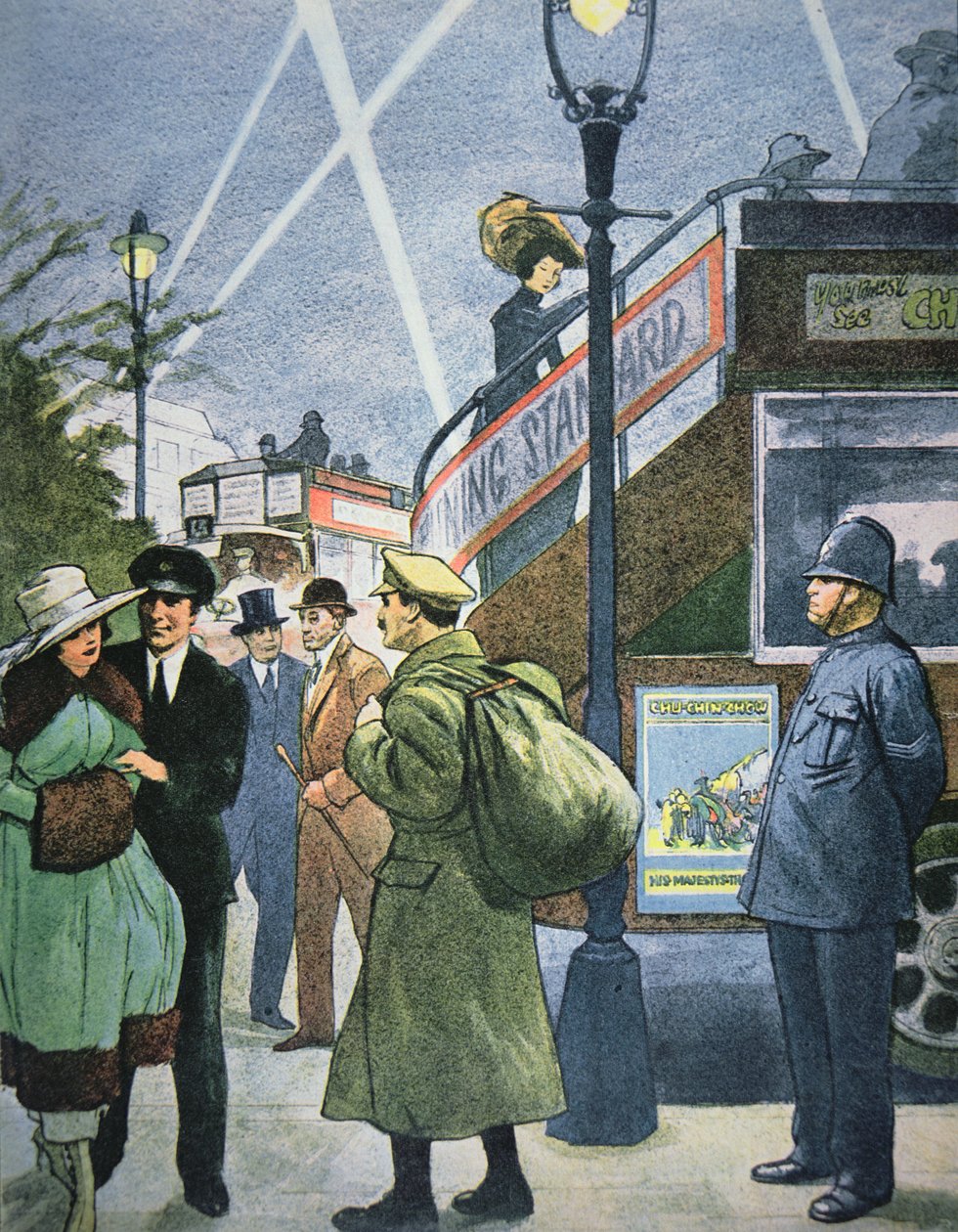 Londons gatebilde i WWI, soldat i permisjon, ca. 1914-18 (farge litho) av English School