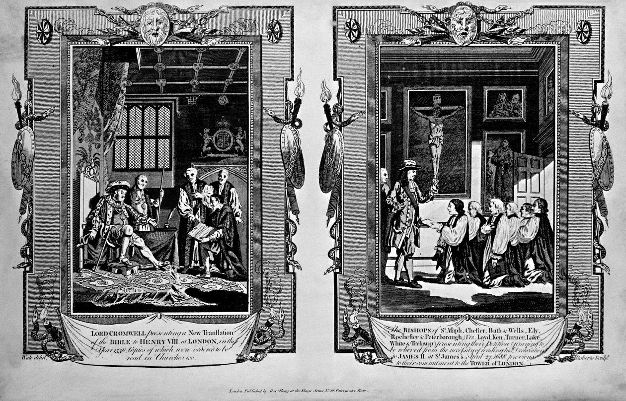 Lord Cromwell presenterer bibelen til Henry VIII og biskoper som presenterer begjæring til James II i 1688, fra 