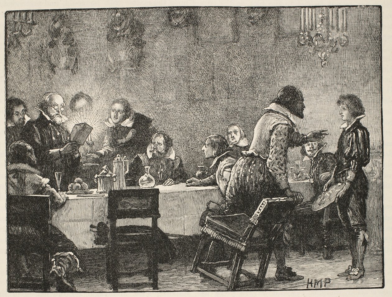 Lord Monteagle og advarselsbrevet om Gunpowder Plot, illustrasjon fra Cassells Illustrated History of England (sepiafoto) av English School
