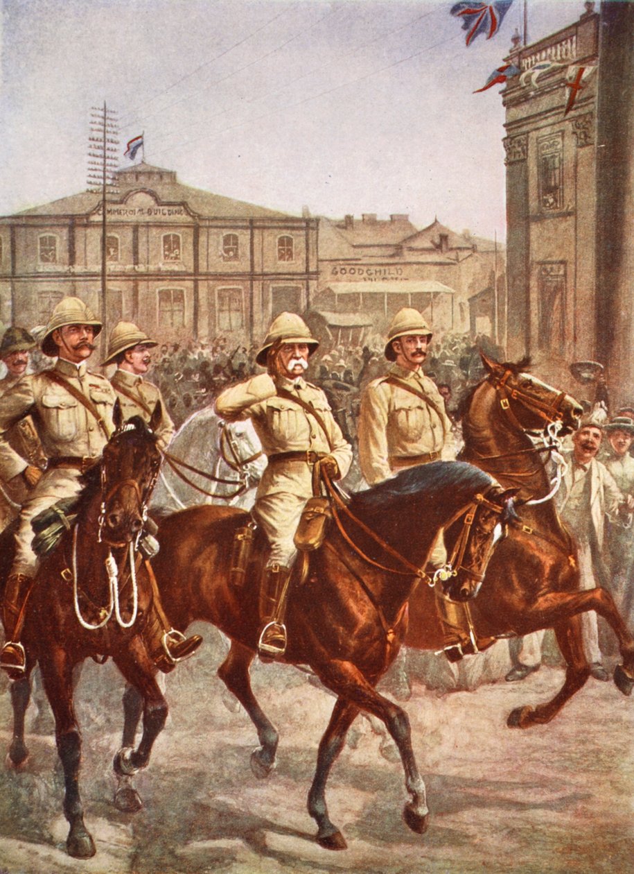 Lord Roberts kommer inn i byen Kimberley etter den vellykkede lindring av en fire måneder lang boerbeleiring, illustrasjon fra Hutchinsons Story of the British Nation, ca. 1920, illustrasjon fra Hutchinsons S av English School
