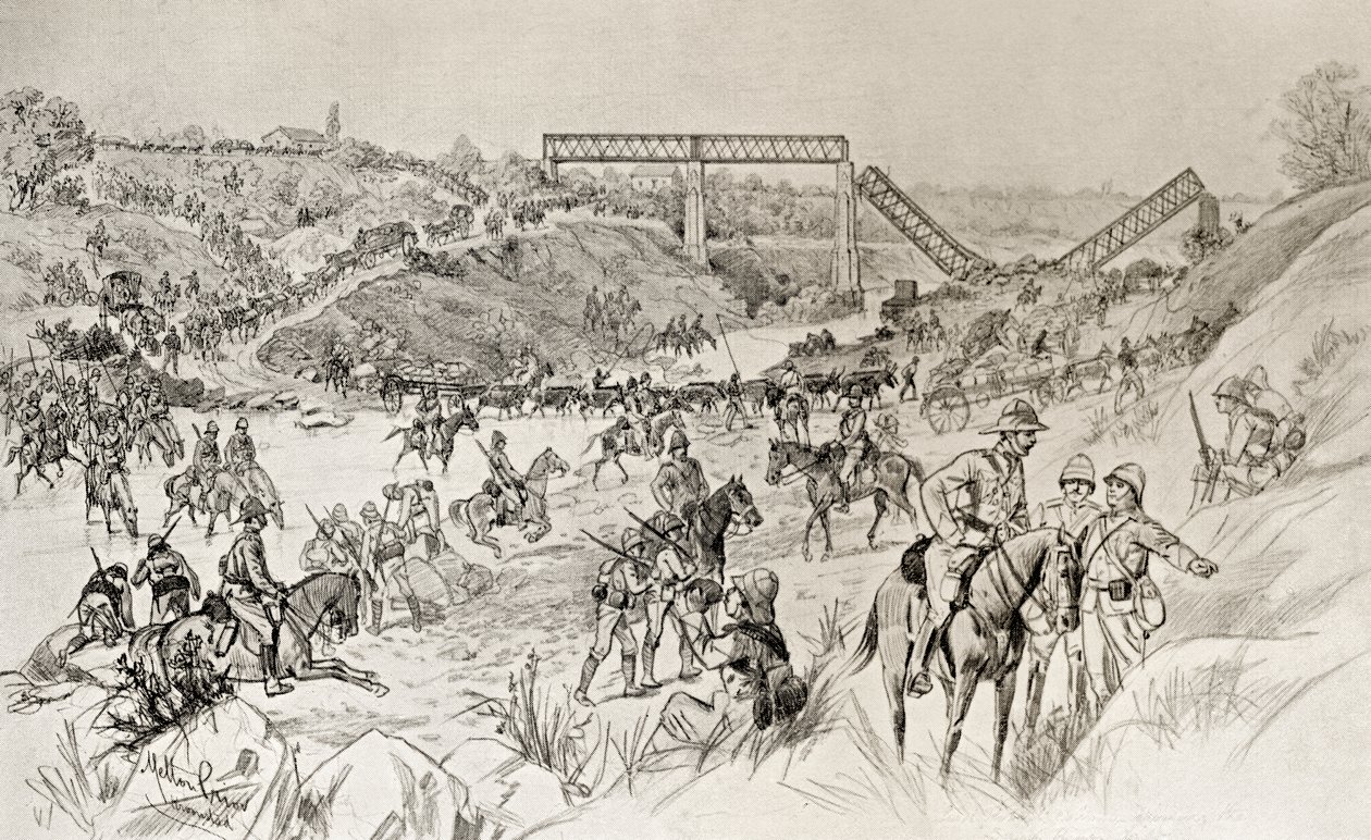 Lord Roberts spalte som krysser Sand River Drift under den andre boerkrigen, fra 'South Africa and the Transvaal War' av Louis Creswicke, utgitt 1900 (litho) av English School