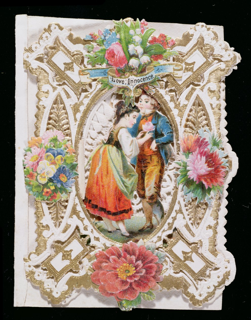 Love, Innocence, Valentine-kort, ca. 1870 (farge litho på papir) av English School