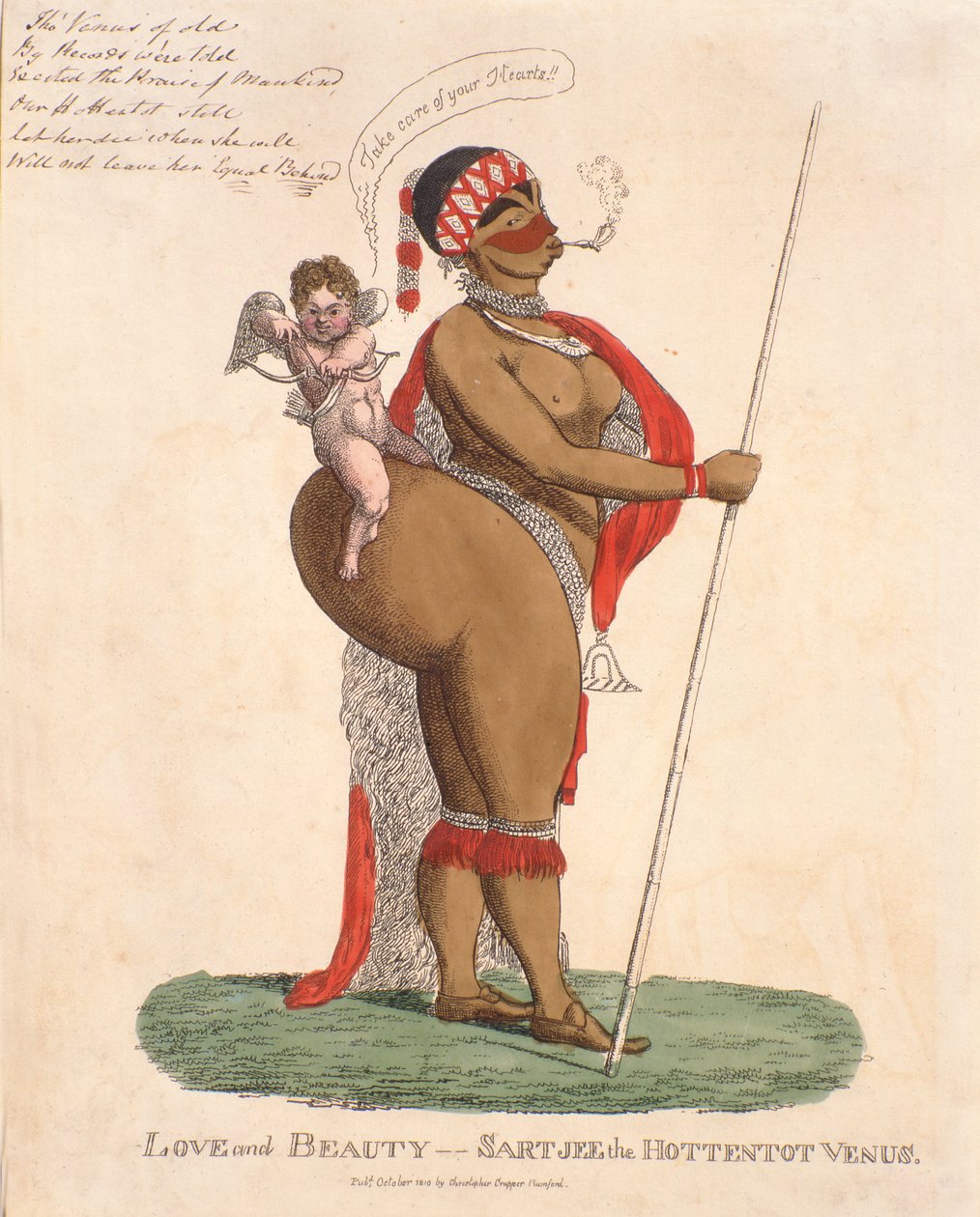 Kjærlighet og skjønnhet - Sartjee the Hottentot Venus, 1810 (håndfarget gravering) av English School