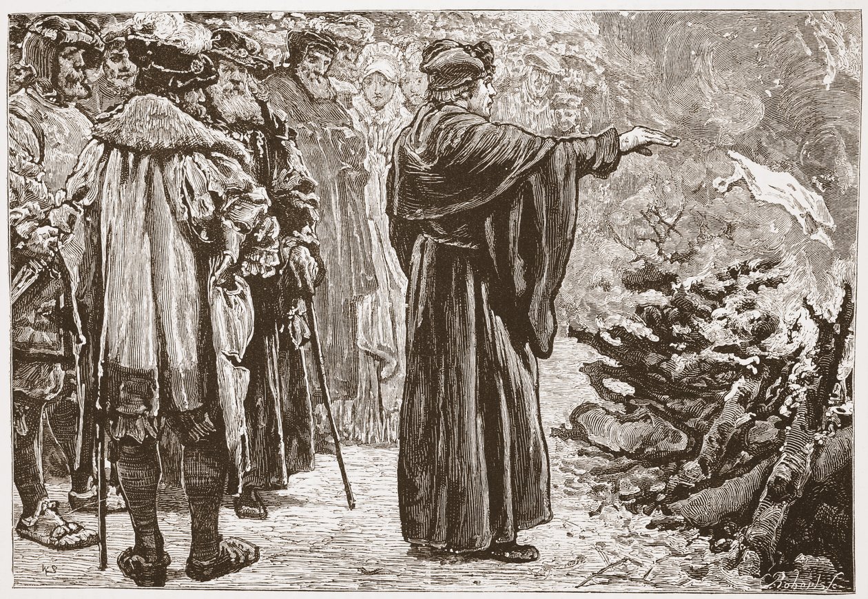 Luther Burning the Popes Bull, illustrasjon fra The History of Protestantism av James Aitken Wylie (1808-1890), pub. 1878 av English School