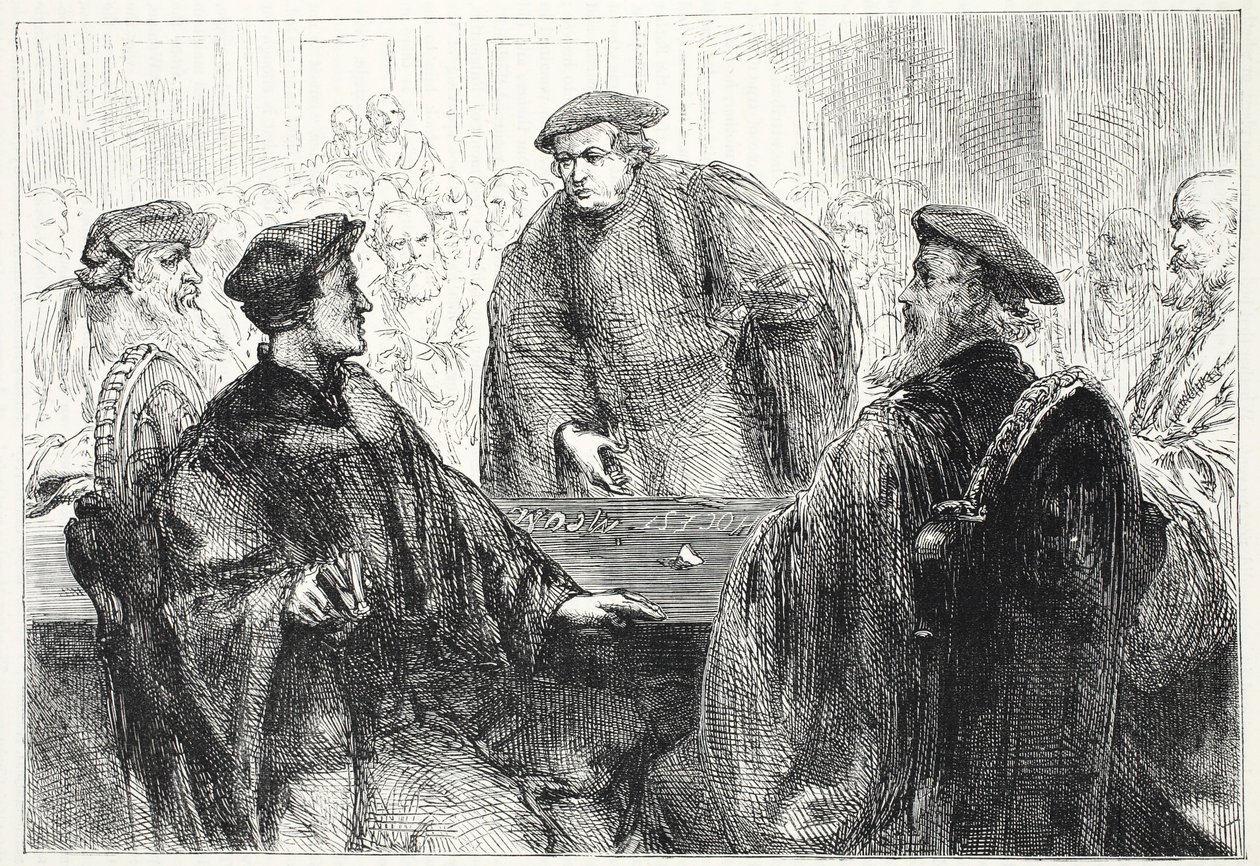 Luther og Zwingle diskuterer på Marburg, illustrasjon fra The History of Protestantism av James Aitken Wylie (1808-1890), pub. 1878 av English School