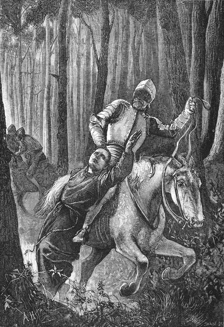 Luther angrepet av maskerte ryttere i Thüringer Wald, illustrasjon fra The History of Protestantism av James Aitken Wylie (1808-1890), pub. 1878 av English School
