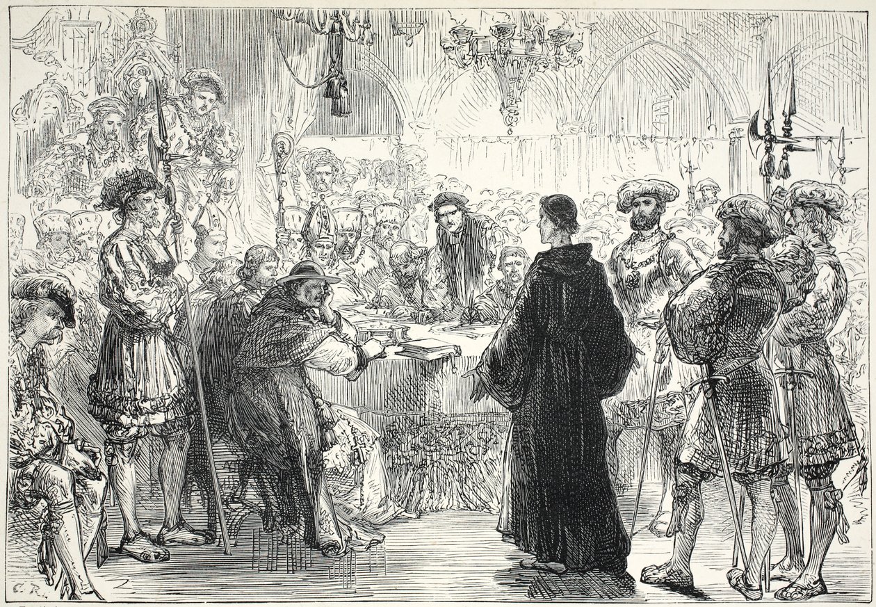 Luther før dietten i Worms, illustrasjon fra The History of Protestantism av James Aitken Wylie (1808-1890), pub. 1878 av English School