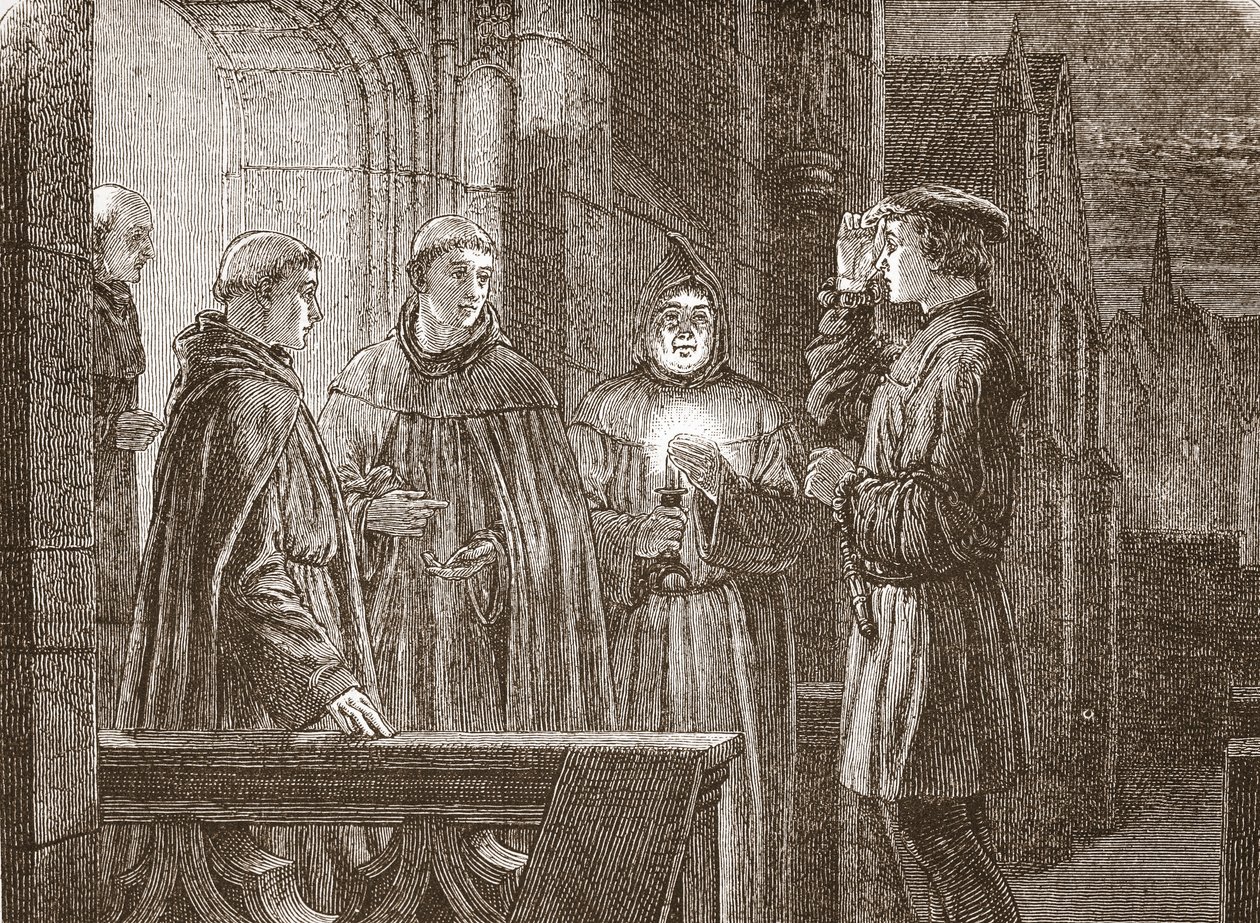 Luther går inn i augustinerklosteret, illustrasjon fra The History of Protestantism av James Aitken Wylie (1808-1890), pub. 1878 av English School