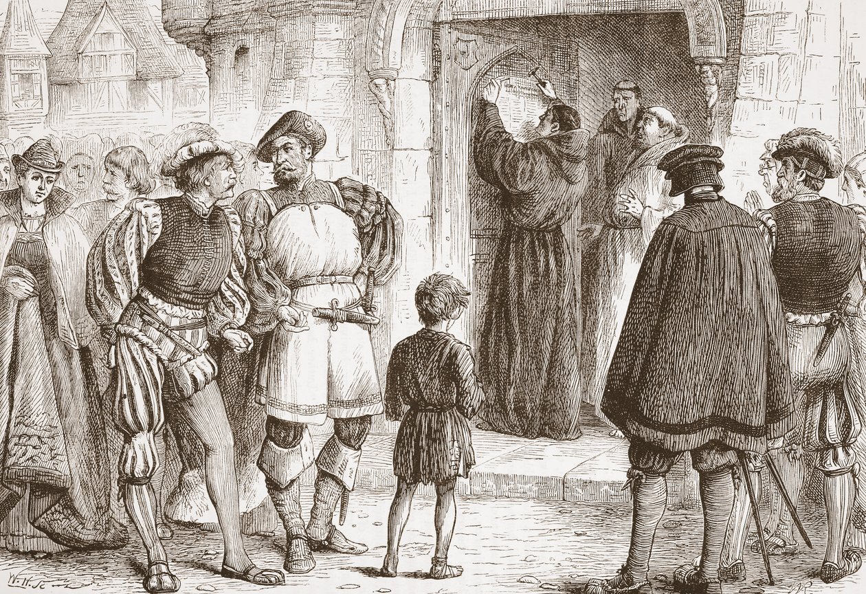 Luther spikrer tesene sine på døren til Schloss-Kirk i Wittemberg, illustrasjon fra The History of Protestantism av James Aitken Wylie (1808-1890), pub. 1878 av English School