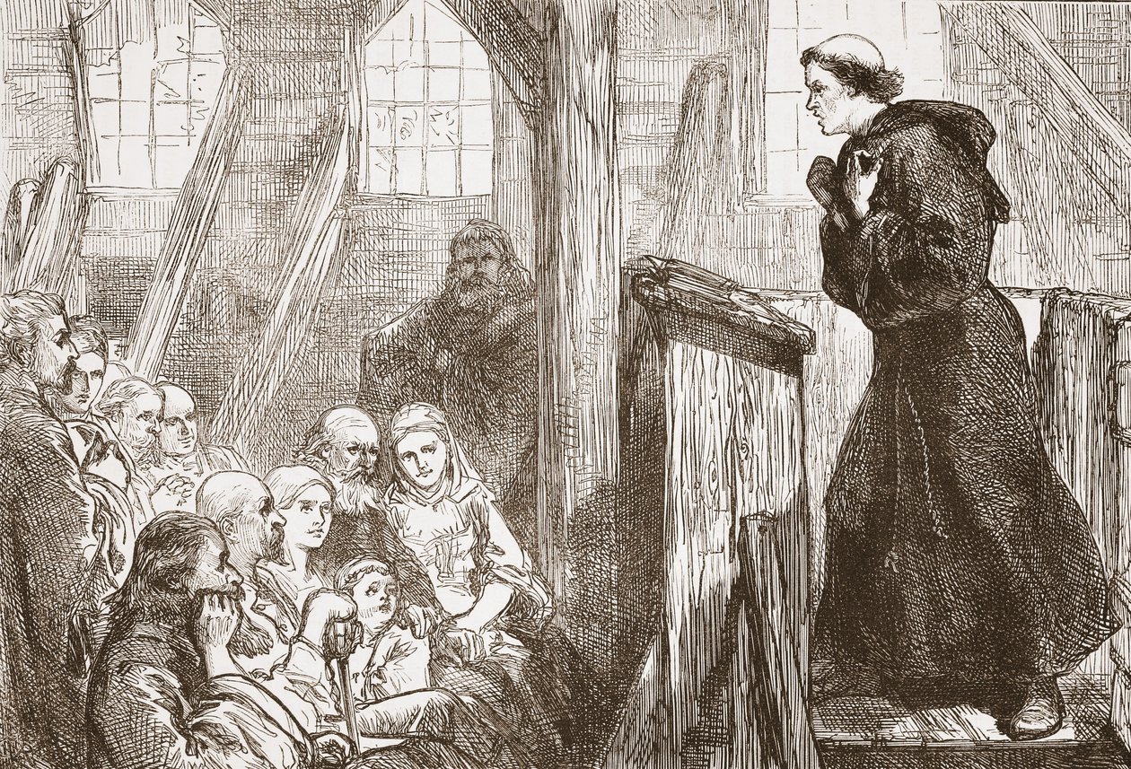 Luther forkynner i den gamle trekirken i Wittenberg, illustrasjon fra The History of Protestantism av James Aitken Wylie (1808-1890), pub. 1878 av English School