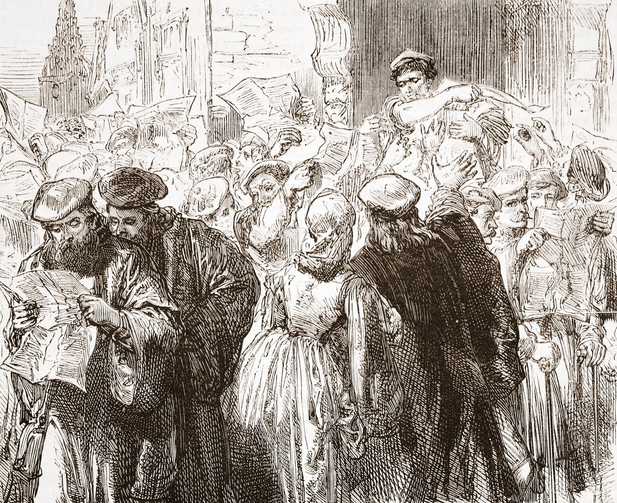 Luthers brosjyre: scene på trykkeriet, illustrasjon fra The History of Protestantism av James Aitken Wylie (1808-1890), pub. 1878 av English School