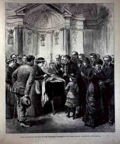Ligger i staten, kroppen til Lord Frederick Cavendish (1836-82) i Family Chapel, Chatsworth, fra The Illustrated London News, 20. mai 1882 av English School