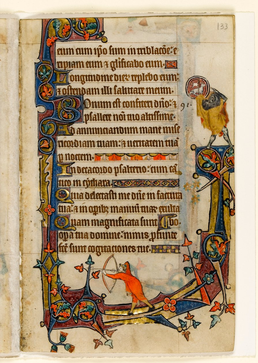 MS 1-2005, fol. 133r: An Archer og St. John the Baptist, marginal dekorasjon fra Macclesfield Psalter, Use of Sarum, East Anglia, ca. 1330 av English School