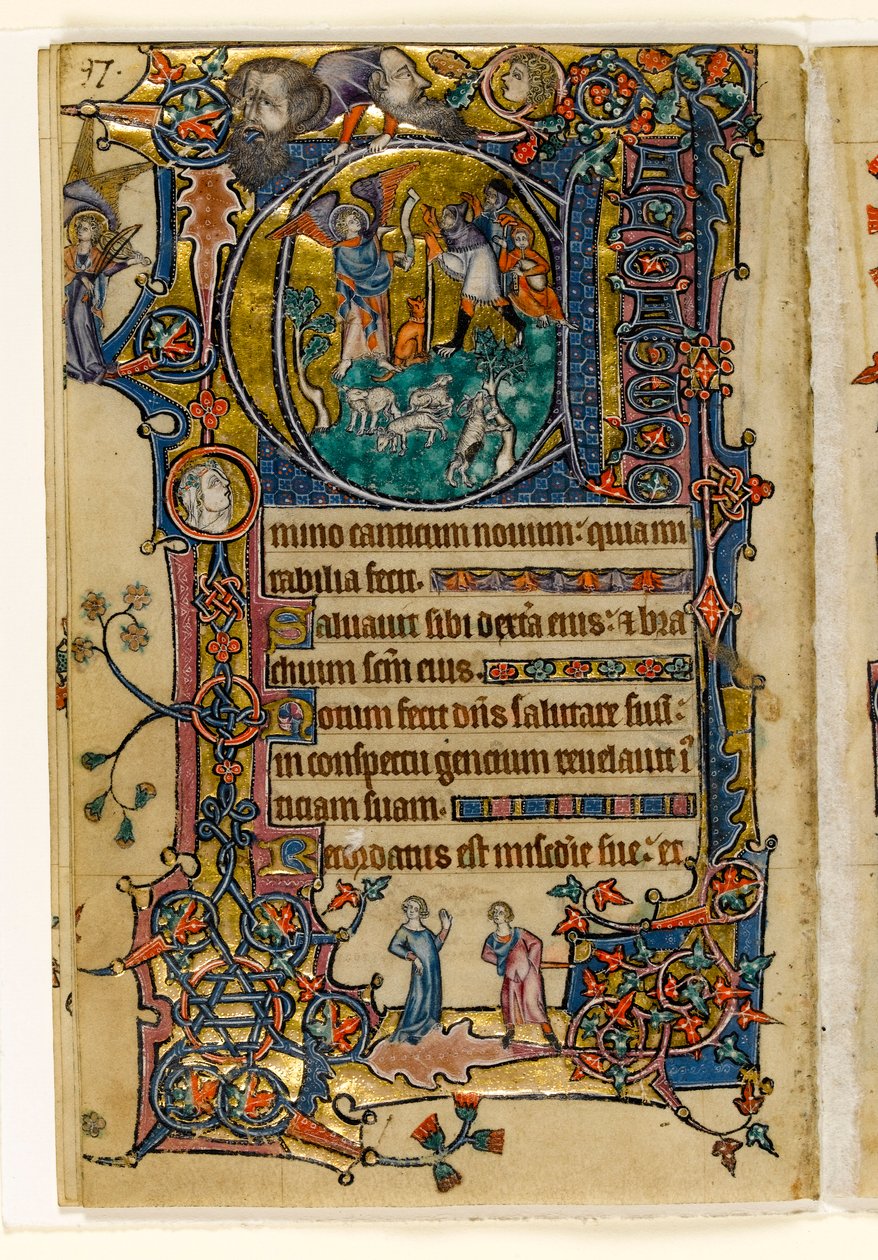 MS 1-2005, fol. 139v: Annunciation to the Shepherds, historikk initial fra Macclesfield Psalter, Use of Sarum, East Anglia, ca. 1330 av English School