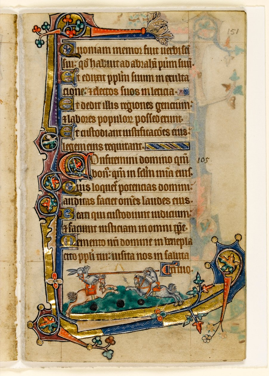 MS 1-2005, fol. 151r: A Hound and Rabbit Jousting, marginal dekorasjon fra Macclesfield Psalter, Use of Sarum, East Anglia, ca. 1330 av English School