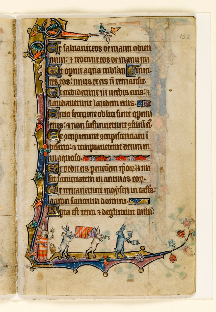 MS 1-2005, fol. 152r: A Rabbit Funeral Procession, marginal dekorasjon fra Macclesfield Psalter, Use of Sarum, East Anglia, ca. 1330 av English School