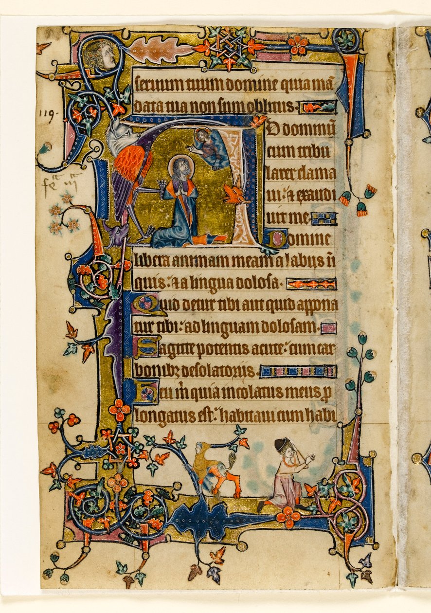 MS 1-2005, fol. 182v: David Praying, historisk initial fra Macclesfield Psalter, Use of Sarum, East Anglia, ca. 1330 av English School