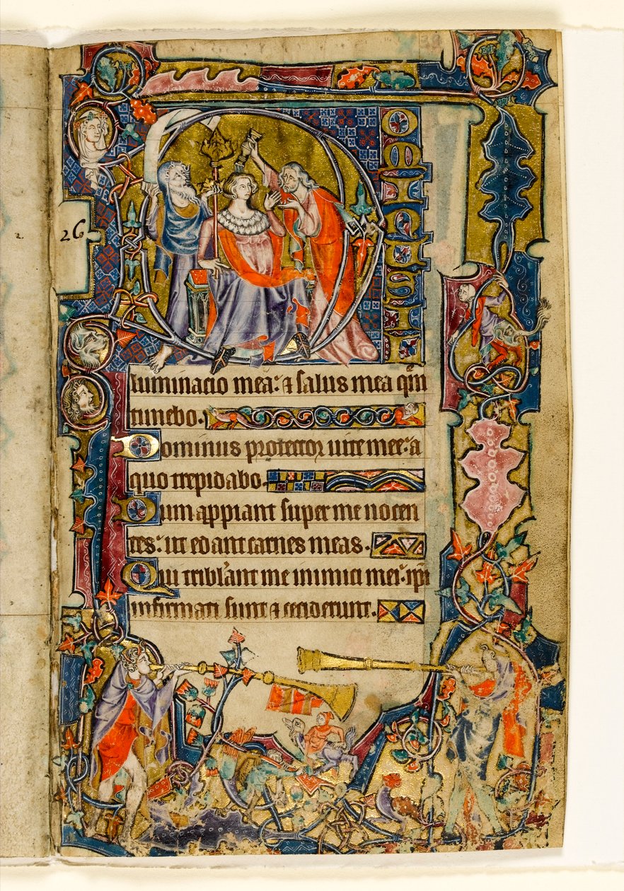 MS 1-2005, fol. 39r: The Anointing of David and Trumpeters, historisk initial fra Macclesfield Psalter, Use of Sarum, East Anglia, ca. 1330 av English School