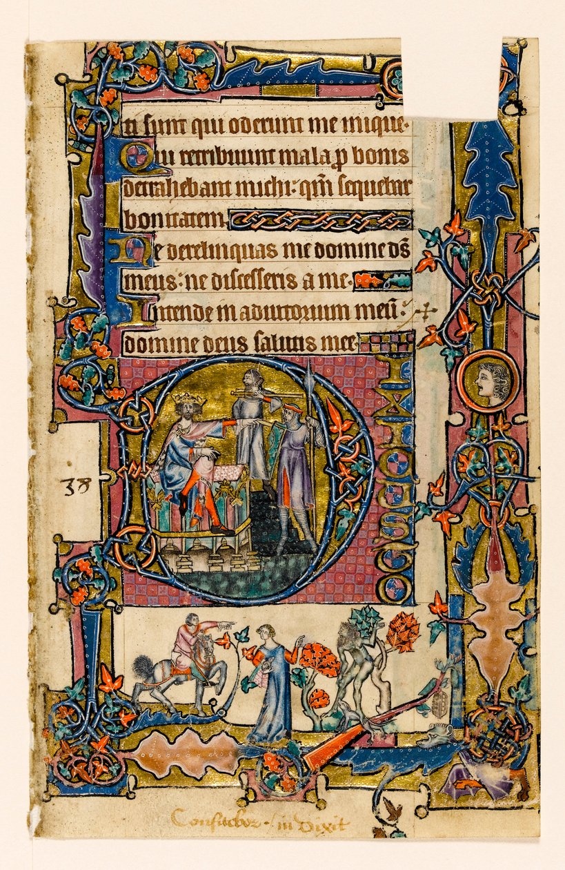 MS 1-2005, fol. 58r: Saul sender Doeg for å drepe prestene i Nob, historikert initial fra Macclesfield Psalter, Use of Sarum, East Anglia, ca. 1330 av English School