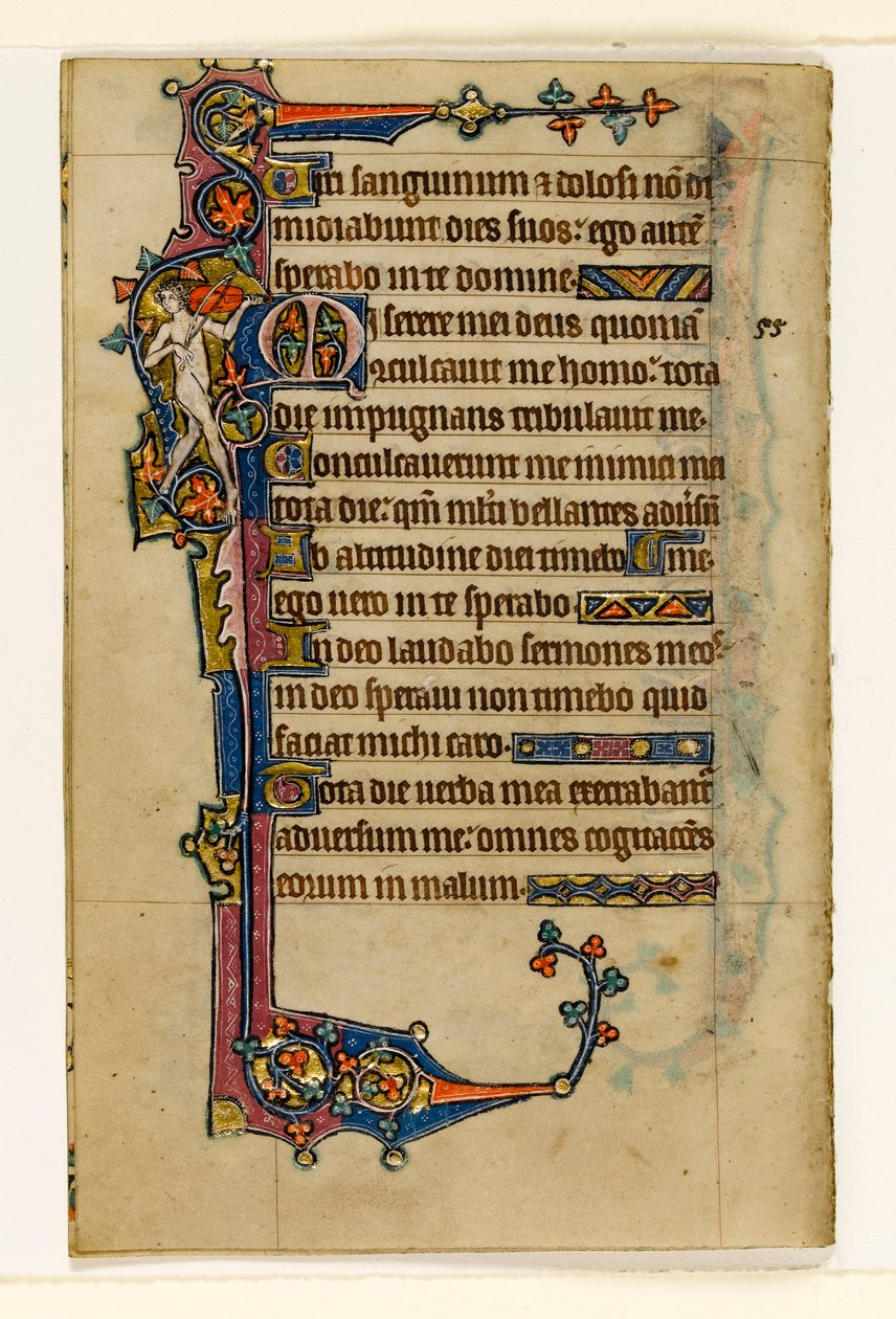 MS 1-2005, fol. 80v: En naken musiker, marginal dekorasjon fra Macclesfield Psalter, Use of Sarum, East Anglia, ca. 1330 av English School