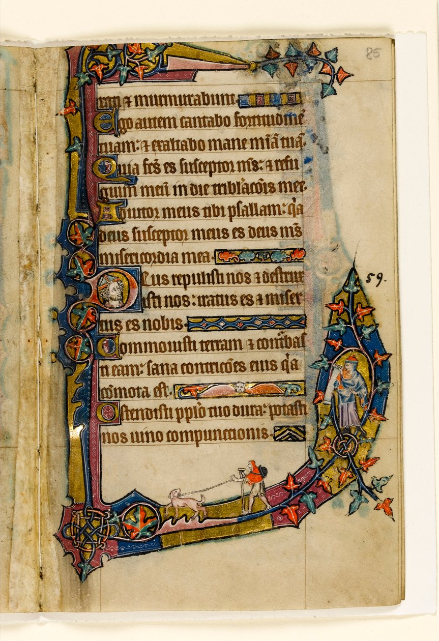 MS 1-2005, fol. 85r: A Penitant with dog, marginal dekorasjon fra Macclesfield Psalter, Use of Sarum, East Anglia, ca. 1330 av English School