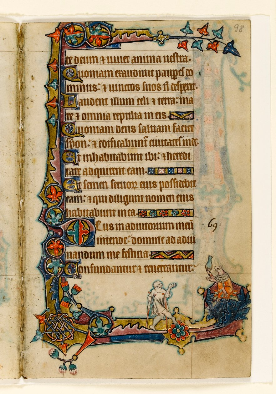 MS 1-2005, fol. 98r: A Beggar and a Wealthy Pig (?), marginal dekorasjon fra Macclesfield Psalter, Use of Sarum, East Anglia, ca. 1330 av English School