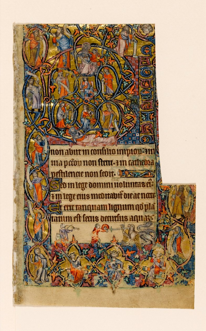 MS 1-2005, fol. 9r: The Tree of Jesse and the Beatus innledende grense med musiker og grotesk kamp, fra Macclesfield Psalter, Use of Sarum, East Anglia, ca. 1330 av English School