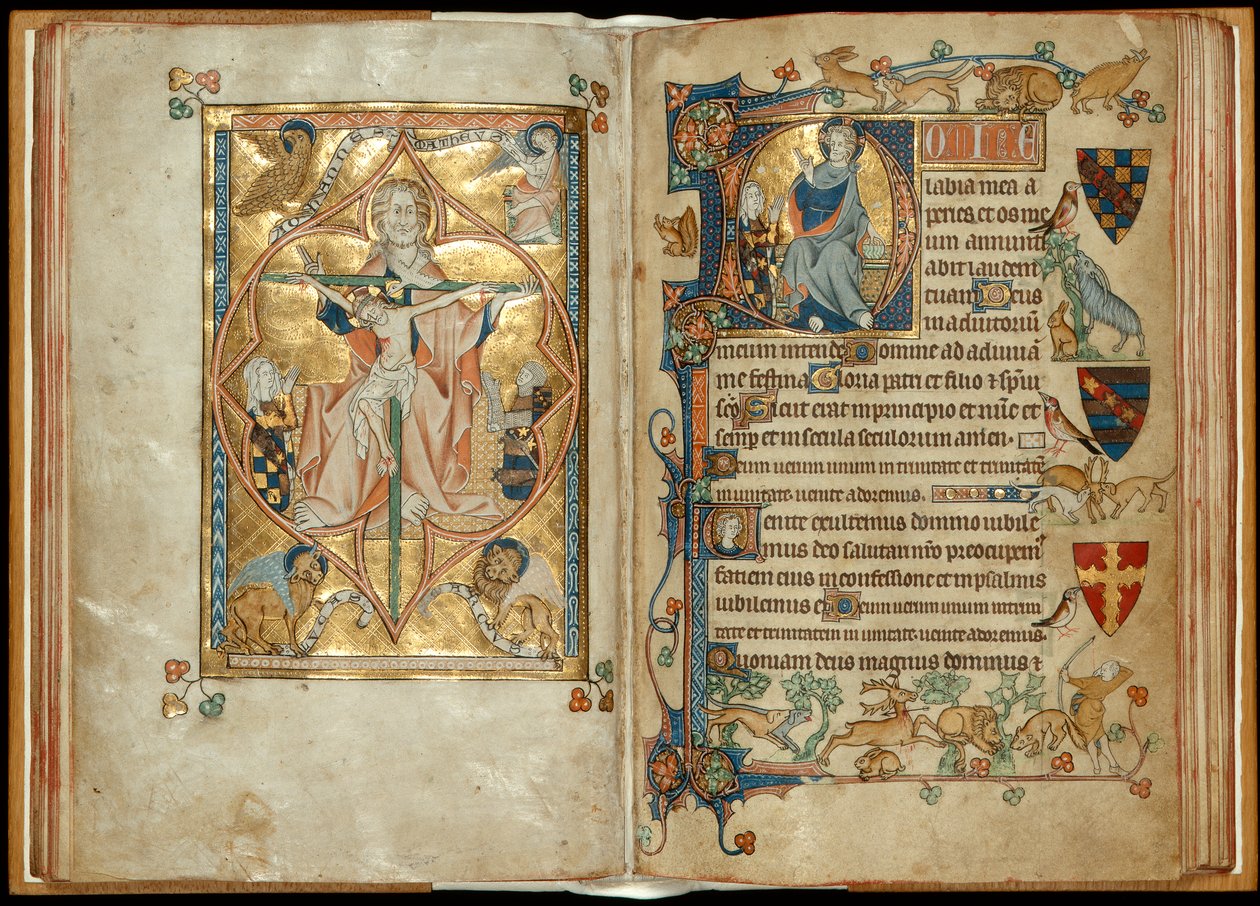 MS 242 f. 28v-29r Barmhjertighetens trone med beskyttere, Kristus velsignelse med en beskytter, ca. 1314-30 (bladgull og tempera på pergament) av English School
