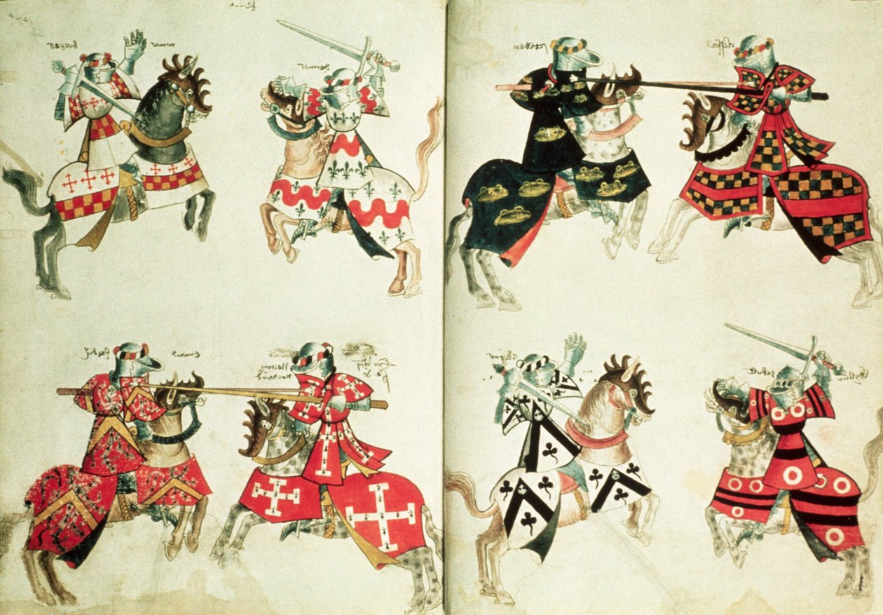 MS Harley 4205 fol.31v-32 Jousting-riddere som viser heraldiske emblemer (vellum) av English School