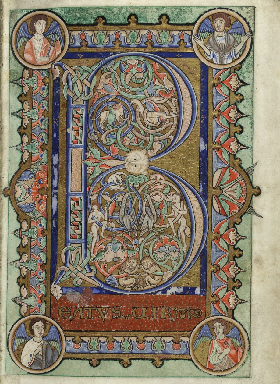 MS Hunter 229 f.22r fra Hunterian Psalter, ca. 1170 (penn og blekk, og tempera på vellum) av English School