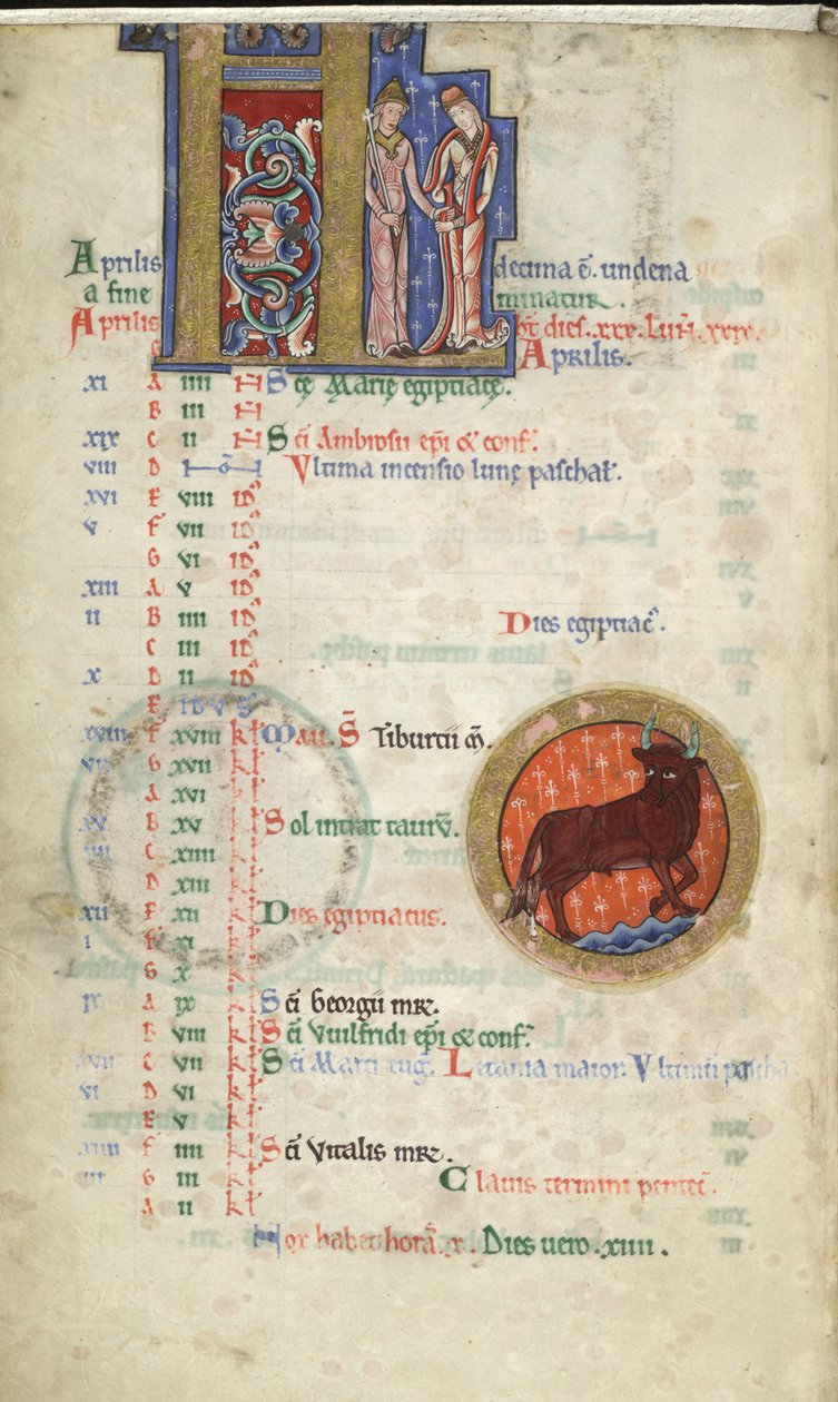 MS Hunter 229 f.2v April, fra Hunterian Psalter, ca. 1170 (penn og blekk, og tempera på vellum) av English School