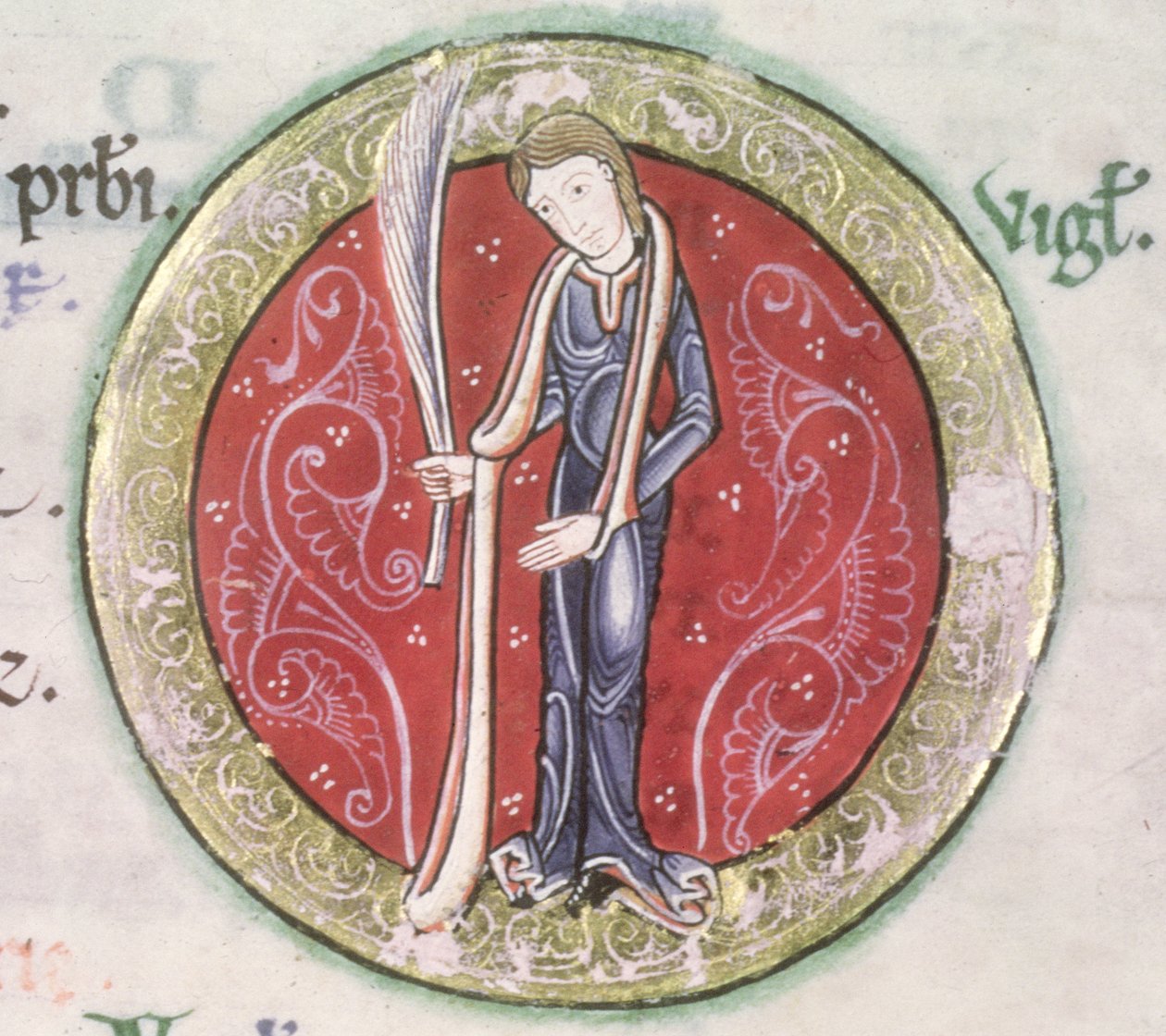 MS Hunter 229 f.4v Jomfruen, fra Hunterian Psalter, ca. 1170 (penn & blekk og tempera på vellum) (detalj) av English School