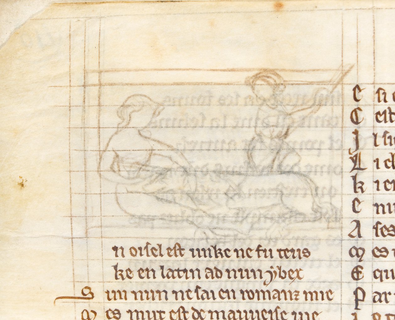MS McClean 123 f.40v Undertegning for en miniatyr som viser en jeger som fanger en enhjørning som ligger naken i en jomfrus fang, fra 