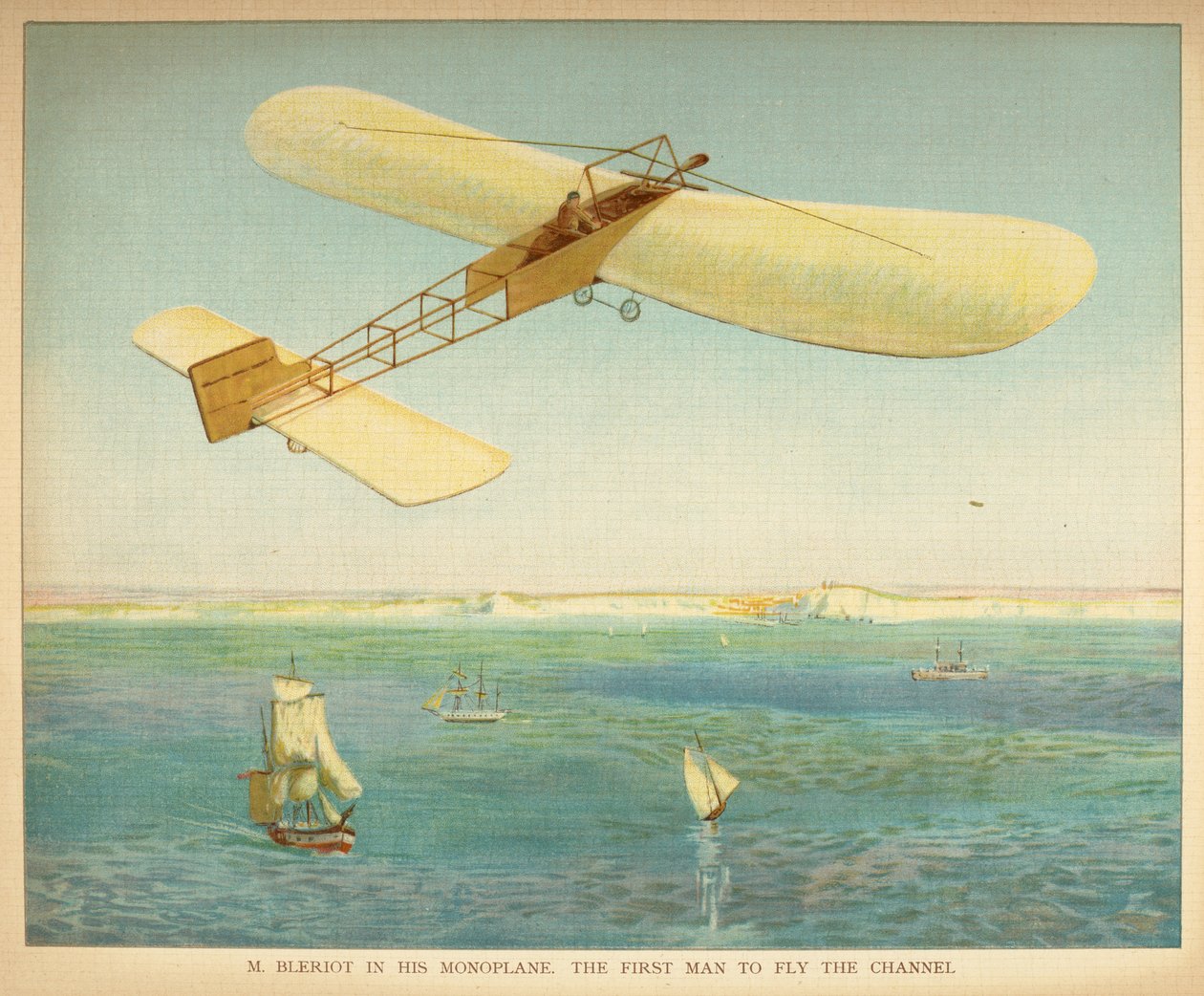 M. Bleriot i monoplanet sitt. Den første mannen som flyr kanalen. Småfolks bok over luftskip. London: Ernest Nister, [1912] av English School