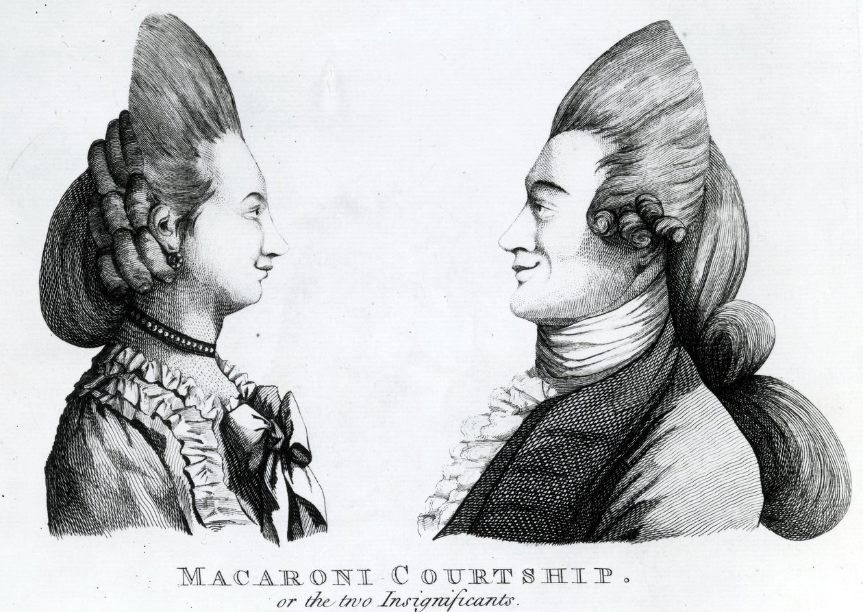 Macaroni Courtship, or the two Insignificants, utgitt av M. Darly, 1772 (mezzotint) av English School