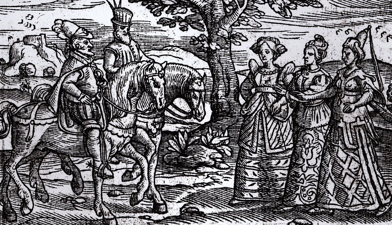 Macbeth, Banquo and the Three Witches, The Historie of Scotlande, 1577, av English School