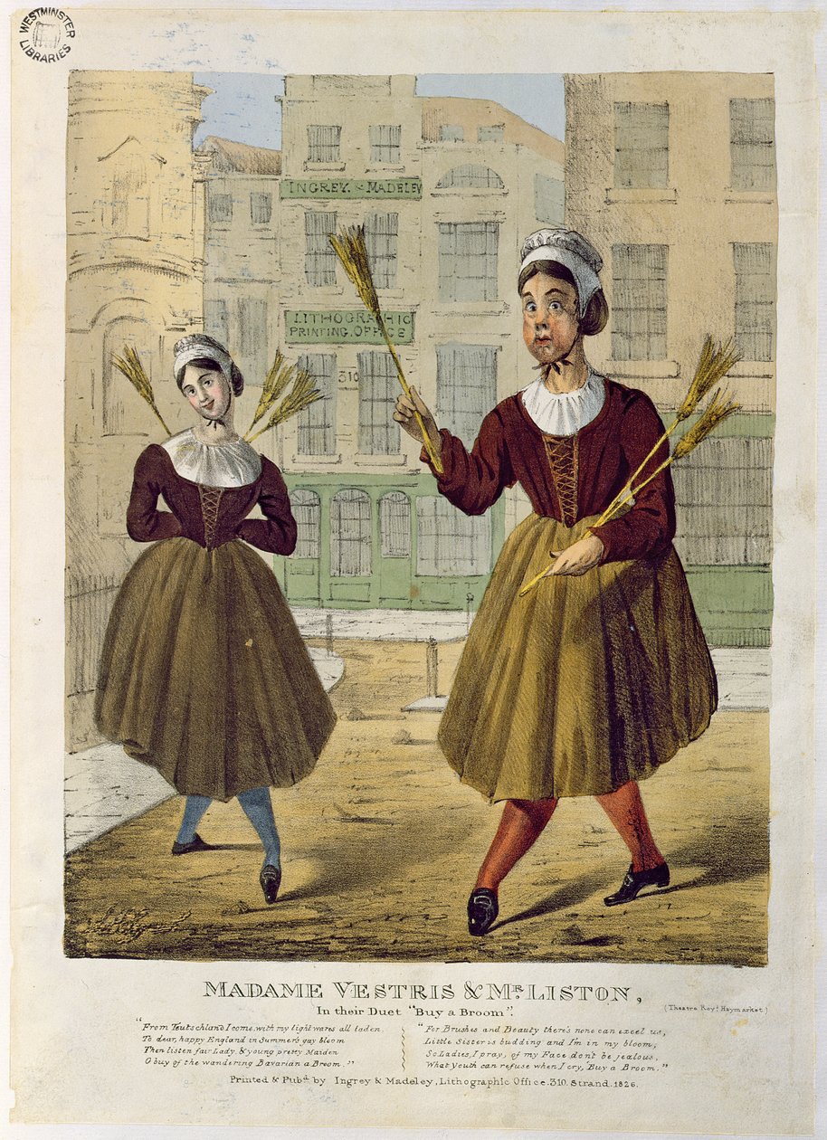 Madame Vestris og Mr Liston i deres Duett Buy a Broom, pub. av Ingrey & Madeley, 1826 av English School