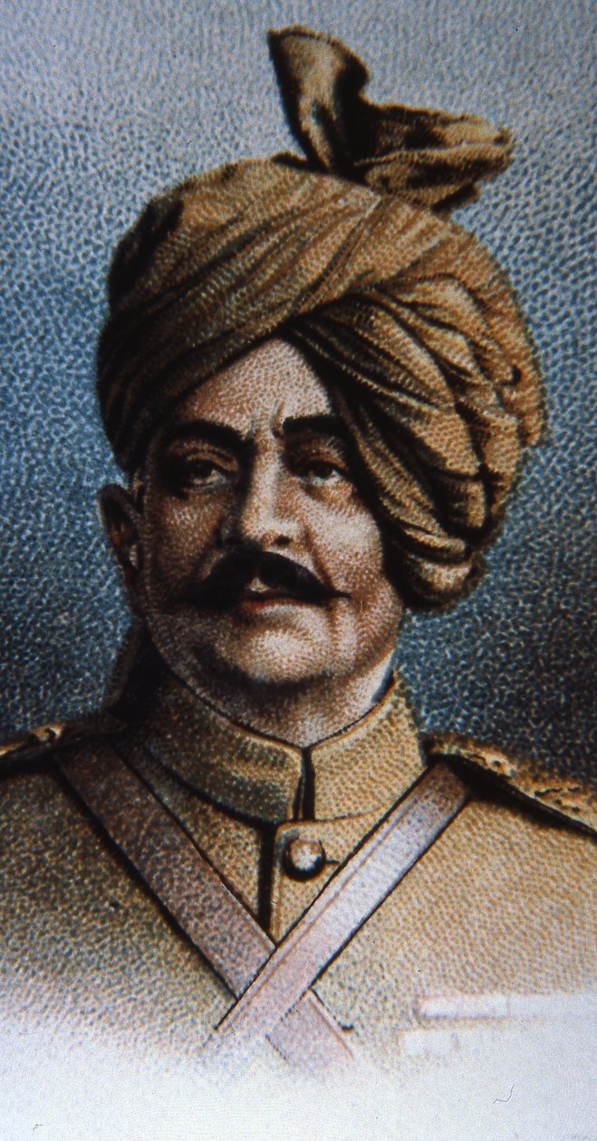 Maharajah Sir Pertab Singh, oberst for Jodhpur Lancers (farge litho) av English School