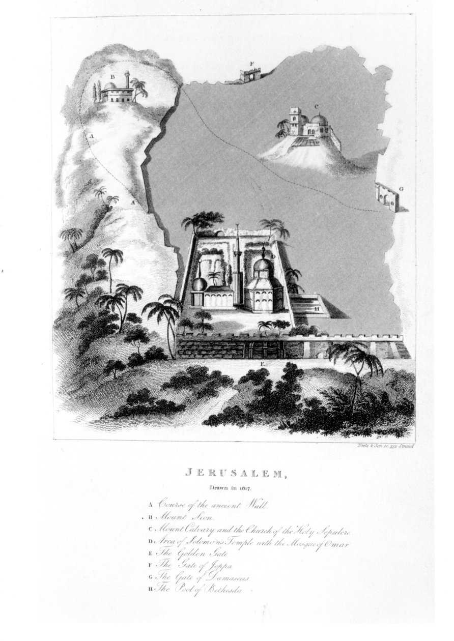 Viktige landemerker i Jerusalem fra evangeliehistorien, fra Letters from Palestine, Descriptive of a Tour through Galilea and Judea av Jolliffe, utgitt 1819 av English School
