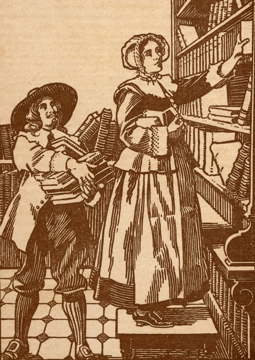 Mannlige og kvinnelige bokhandlere som jobber i en bokhandel fra 1600-tallet (litho) av English School