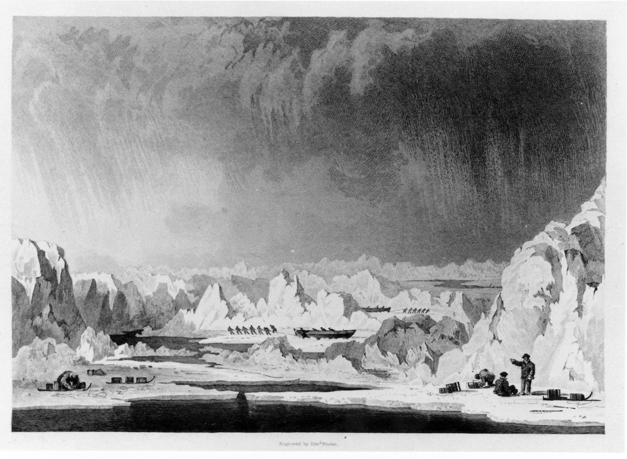 Mennesker som håndterer båtene gjennom ishatt, illustrasjon fra Narrative of an Attempt to Reach the North Pole av William Parry, gravert av Edward Finden (1791-1857) publisert 1828 (bw ph) av English School
