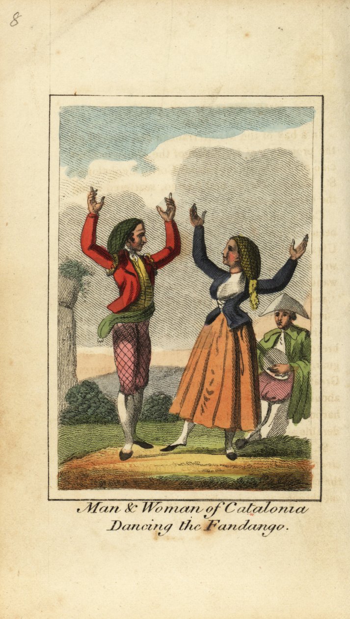 Mann og kvinne fra Catalonia danser fandango av English School