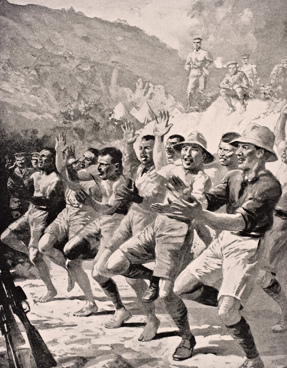 Maori-soldater utfører en Haka på Gaba Tepe på Gallipoli-halvøya Tyrkia 1915, fra 