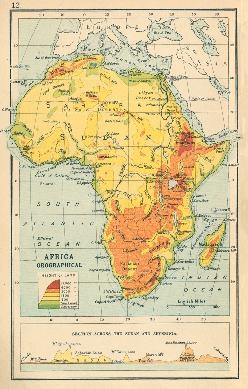 Kart: Afrika orografisk (fargelitografi) av English School
